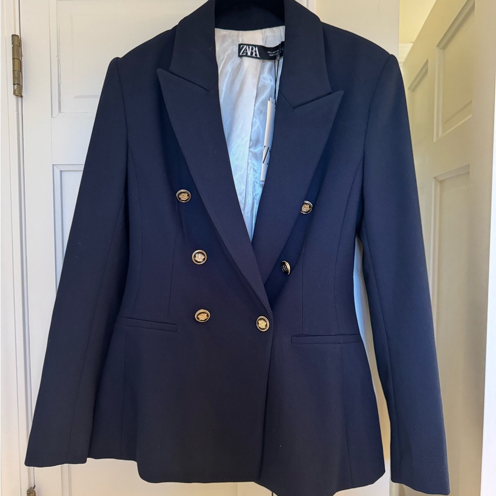 Zara Women's Dark Blue Blazer with Gold Buttons